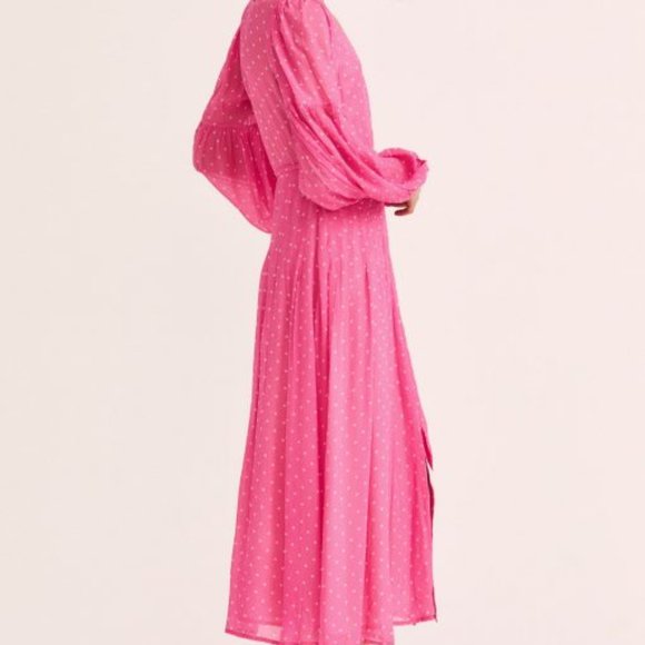 LoveShackFancy Bevelyn Pink White Polka Dot Wrap Dress Long Sleeves Front Slit - Picture 4 of 12